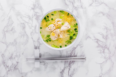 High angle view of soup in bowl on table