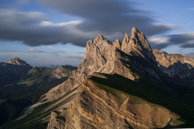 Scenic view of mountain range against cloudy sky