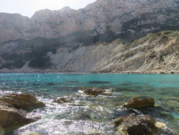 Scenic view of lake by mountains