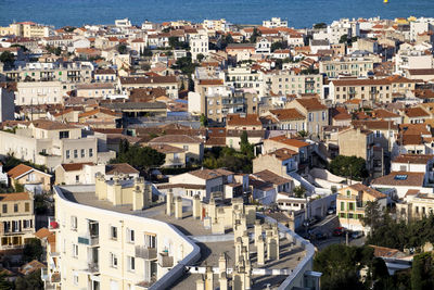 High angle view of residential district against sky