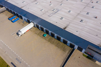 Aerial view of goods warehouse. logistics center in industrial city zone from above. aerial view