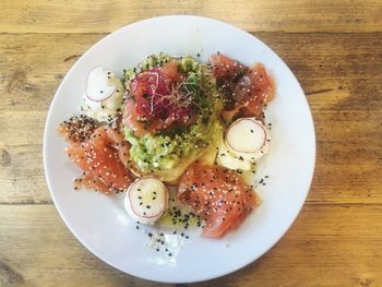 High angle view of breakfast served on table