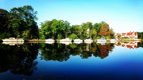 Reflection of trees in lake against clear sky