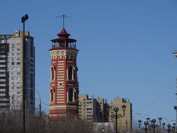 Low angle view of buildings against clear blue sky