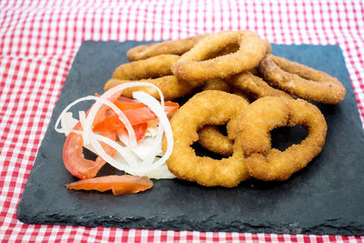 High angle view of food served on table