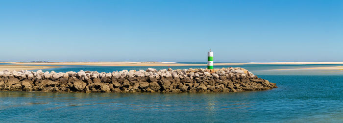 Scenic view of sea against clear blue sky