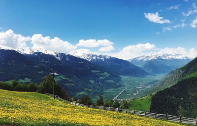 Scenic view of land and mountains against sky