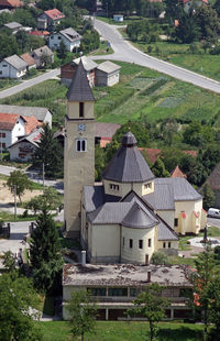 High angle view of houses and buildings in town