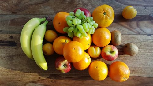 Directly above view of fresh fruits on wooden table