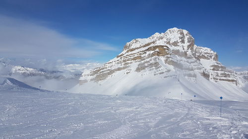 Scenic view of snowcapped mountains against sky