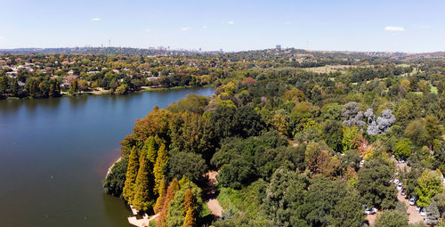 High angle view of plants by lake against sky