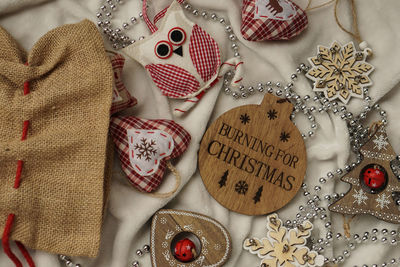 High angle view of christmas decorations on table