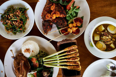 High angle view of meal served on table