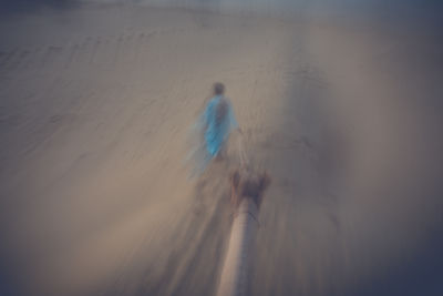 Rear view of person walking on sand at beach