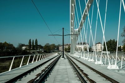 Footbridge over river against clear sky