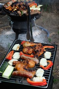 High angle view of meat on barbecue