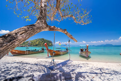 Scenic view of beach against blue sky