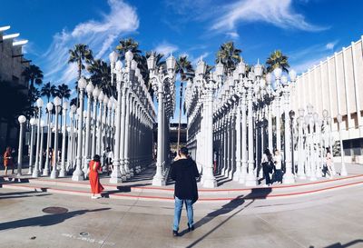 Rear view of people walking on palm trees