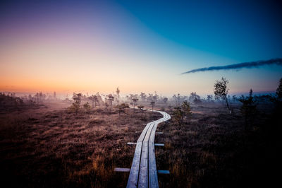 Panoramic view of road and trees against sky during sunset