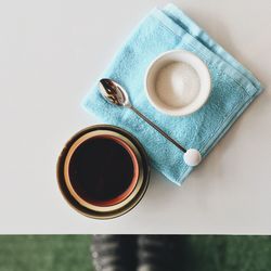 High angle view of coffee cup on table