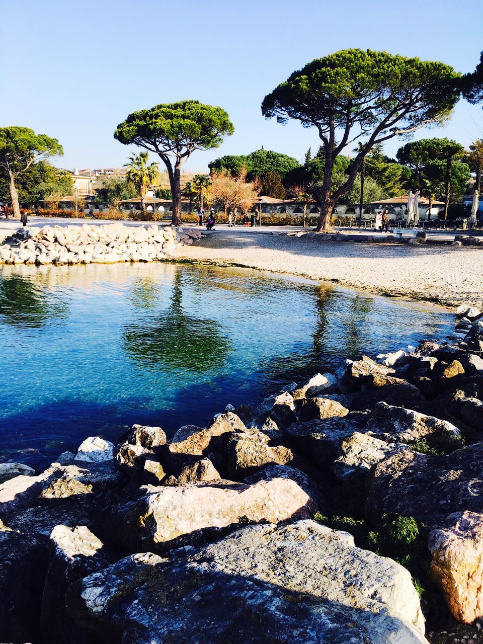 water, tree, reflection, built structure, clear sky, lake, sunlight, architecture, park - man made space, pond, river, nature, building exterior, day, fountain, tranquility, growth, swimming pool, shadow, outdoors