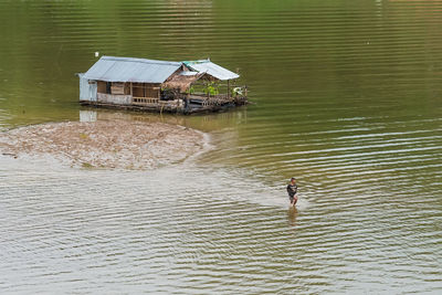 High angle view of house in lake