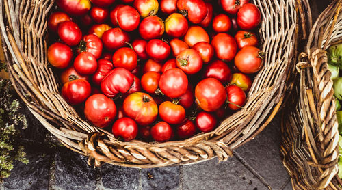 High angle view of tomatoes in basket