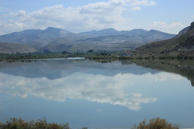 Scenic view of lake and mountains against sky