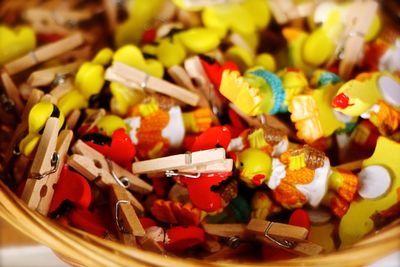 High angle view of multi colored candies in plate