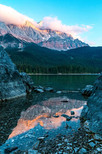 Scenic view of lake by snowcapped mountains against sky