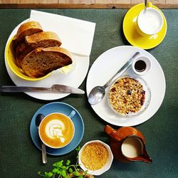 Directly above shot of breakfast served on table