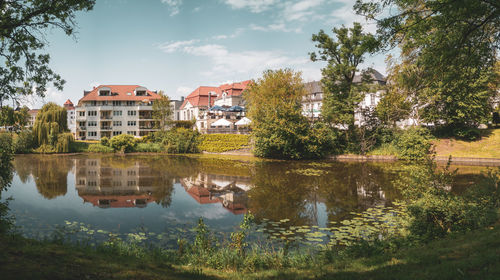 Reflection of trees and buildings in lake