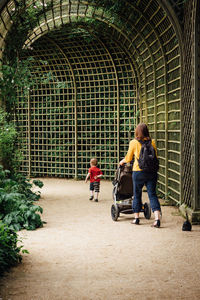 Rear view of mother and son walking on walkway in park