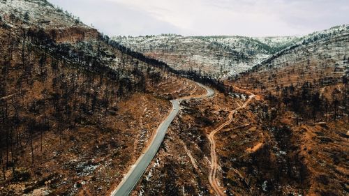 High angle view of road on mountain against sky