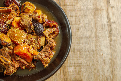 High angle view of meal served on table