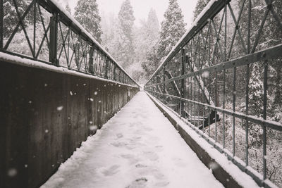 Snow covered footbridge in forest