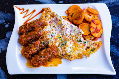 High angle view of food in plate