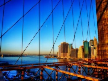 City skyline against blue sky