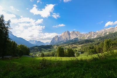 Scenic view of field and mountains against sky