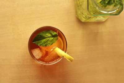 High angle view of drink in jar on table