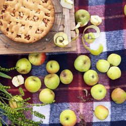 High angle view of fruits in basket on table