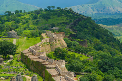 High angle view of castle on mountain