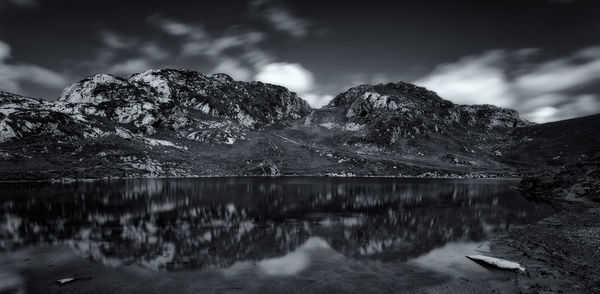 Scenic view of lake and mountains against sky