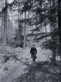 Rear view of man walking in forest