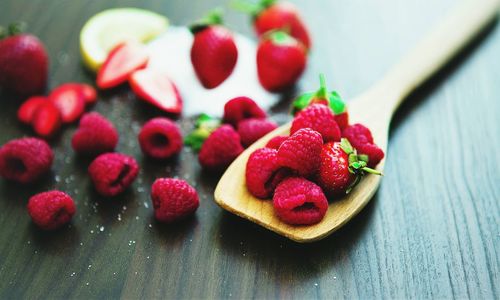 Close-up of strawberries on table