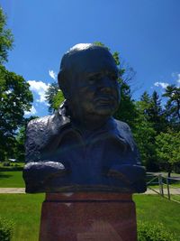 Statue in park against blue sky