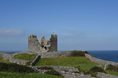 Old ruin building by sea against sky