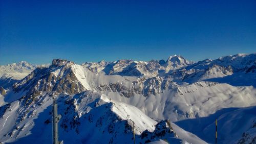 Panoramic view of snowcapped mountains against blue sky