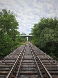 Railroad tracks amidst trees against sky