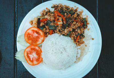 High angle view of meal served on table